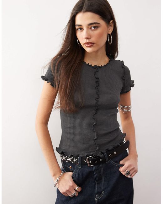 Monki Black Structured Knitted T-shirt With Ruffle Hem
