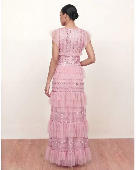 Maya Pink Spot Mesh Embellished Flutter Sleeve Tiered Maxi Dress
