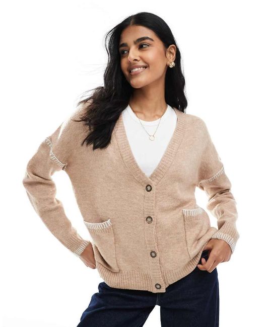 Brave Soul Natural Contrast Stitch Button Through V-Neck Cardigan