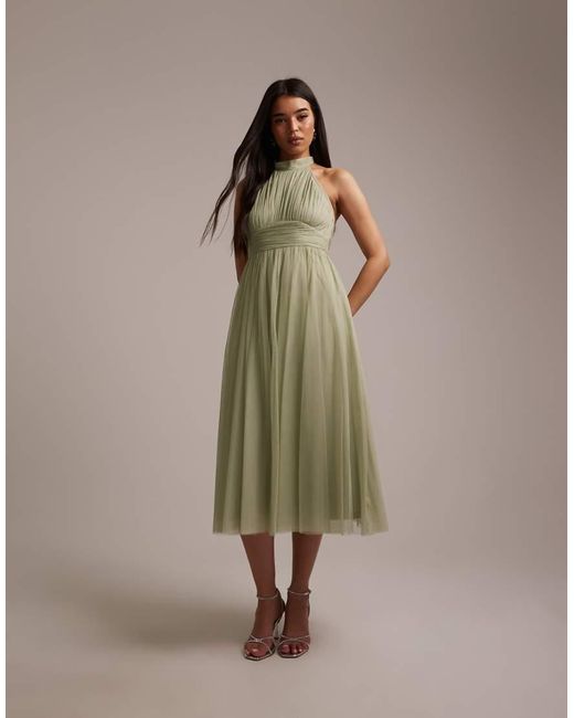LACE & BEADS Green Bridesmaid Tulle Halter Neck Midi Dress