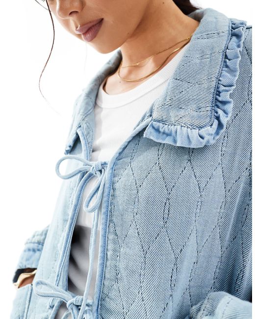 ONLY Blue Quilted Tie Front Shacket With Frill Collar Detail