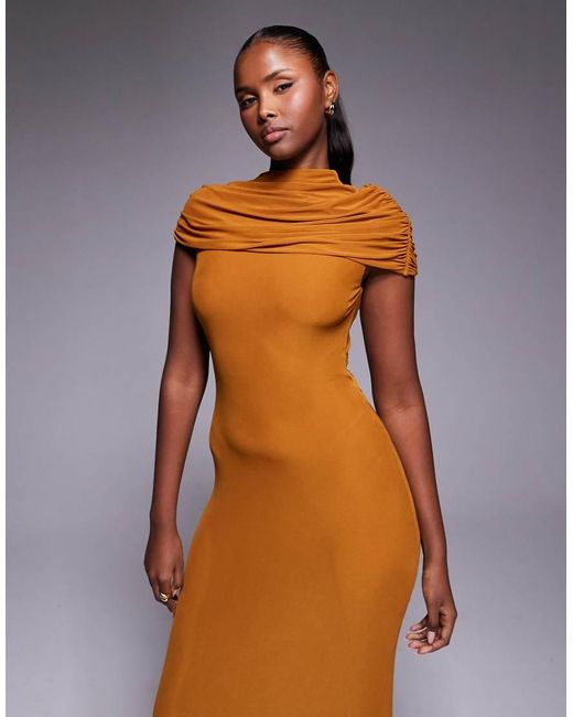 ASOS Brown Mesh Cape Detail Maxi Dress With Draped Back