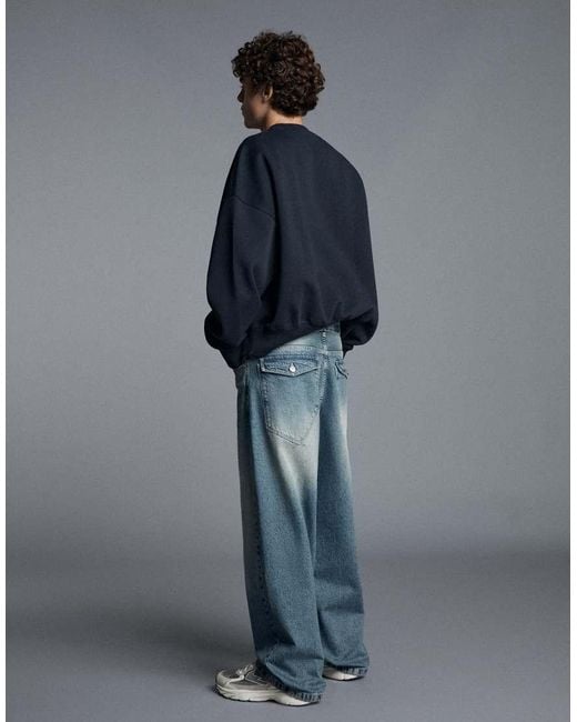 Bershka Blue Neobarrel Jeans With Back Buckle for men