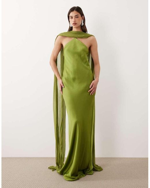 Mango Green Capsule Halterneck Maxi Dress With Cape Detail