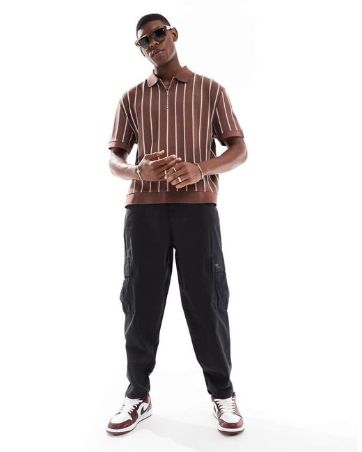 Polo Comoda Squadrata E Bianca A Righe Con Zip Corta di ASOS in Brown da Uomo
