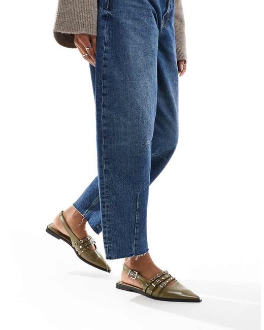 Stradivarius Blue Pointed Flat Shoe With Buckles