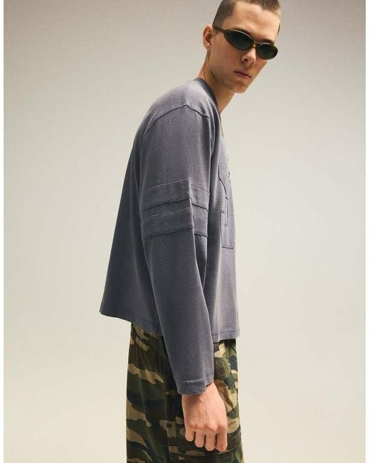 Bershka Blue Long Sleeve Print T-shirt for men