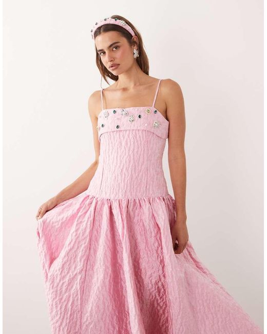 Sister Jane Pink Dream Posy Jacquard Square Neck Embellished Detail Drop Waist Midi Dress