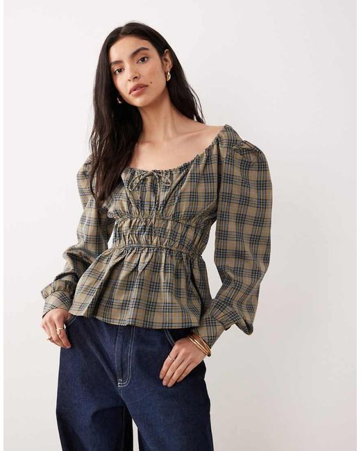 Glamorous Gray Long Sleeve Shirred Waist Blouse