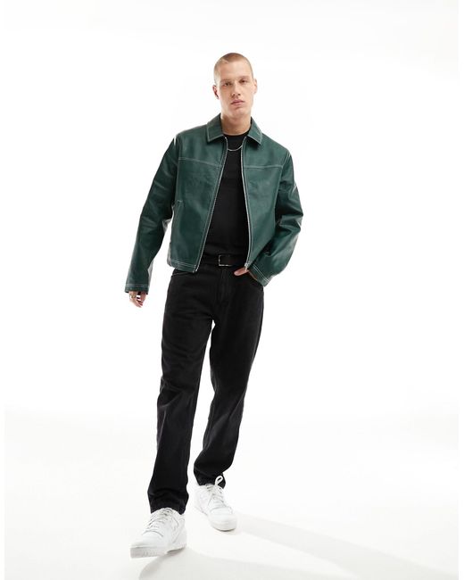 ASOS Oversized Faux Leather Harrington Jacket With Contrast Stitch in