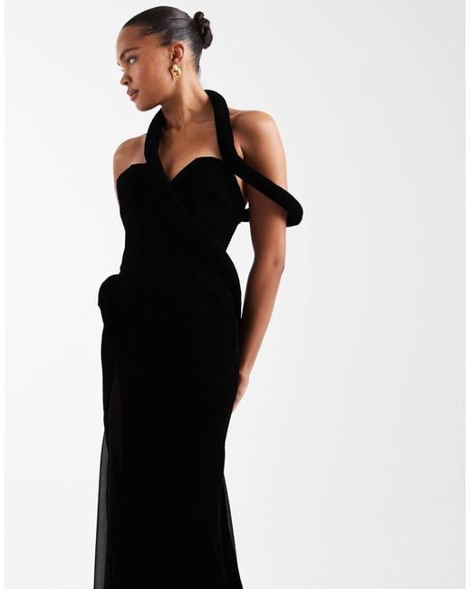 ASOS Padded Neckline Velvet Maxi Dress With Sheer Godet Panels And Train in  Black | Lyst
