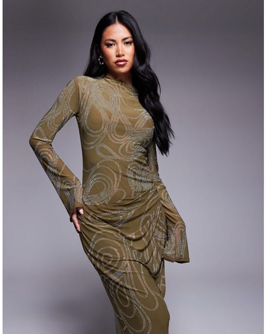 ASOS Green – langärmliges maxikleid mit verziertem artwork, hotfix-details und gerafftem rockteil