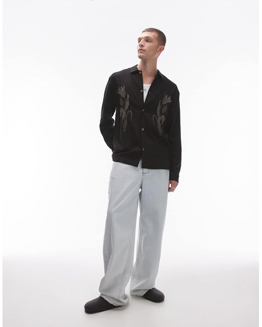 Camicia Nera A Maniche Lunghe Con Ricamo Sul Davanti di Topman in Black da Uomo