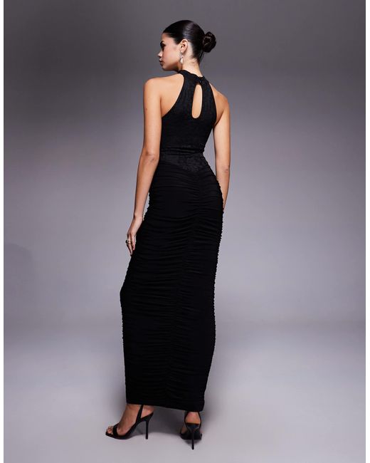 Kaiia Blue Exclusive Double Layered Slinky Lace High Neck Ruched Maxi Dress