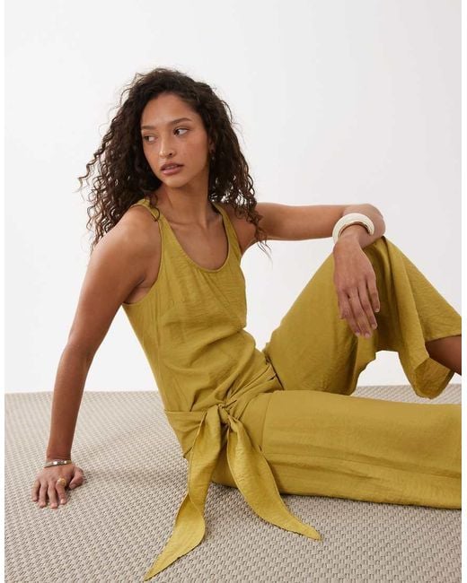 ASOS Yellow Satin Crinkle Jumpsuit With Scarf Waist Detail