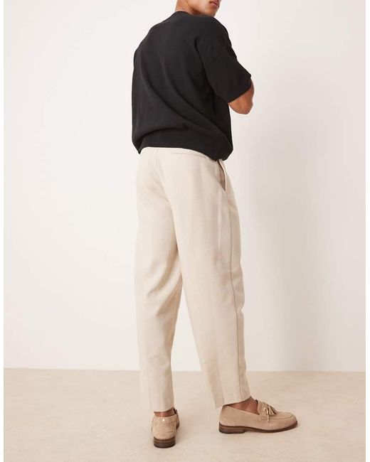 ASOS Natural Smart Oversized Tapered Pleated Trousers With Wool for men
