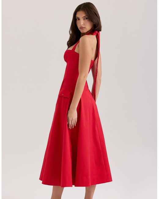 House Of Cb Red Claudia Stretch Cotton Button Halter Neck Midi Dress