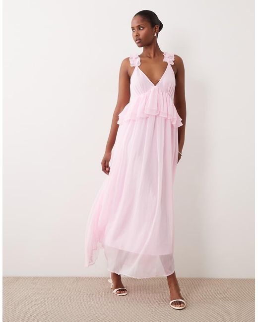 Vila Pink Ruffle Strap Chiffon Maxi Dress