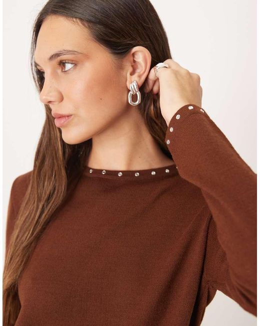 Mango Brown Slash Neck Top With Stud Trim Detail