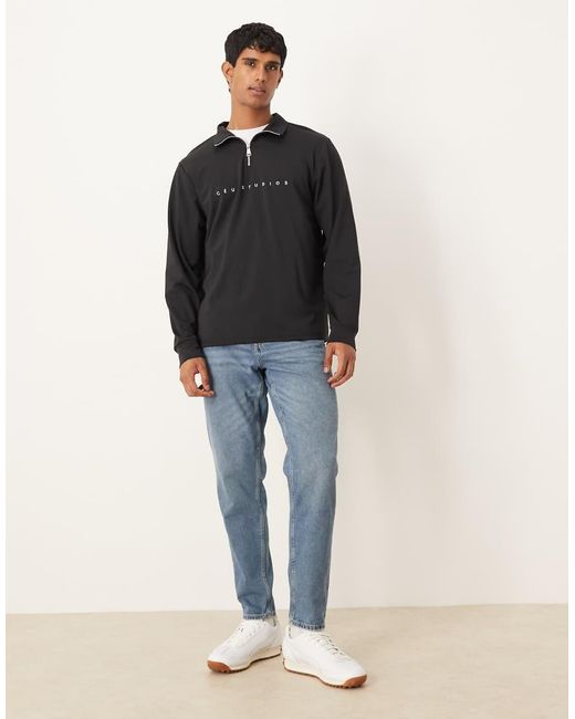 ASOS Black Standard Fit Scuba-Style Fabric 1/4 Zip Sweatshirt With Print N for men