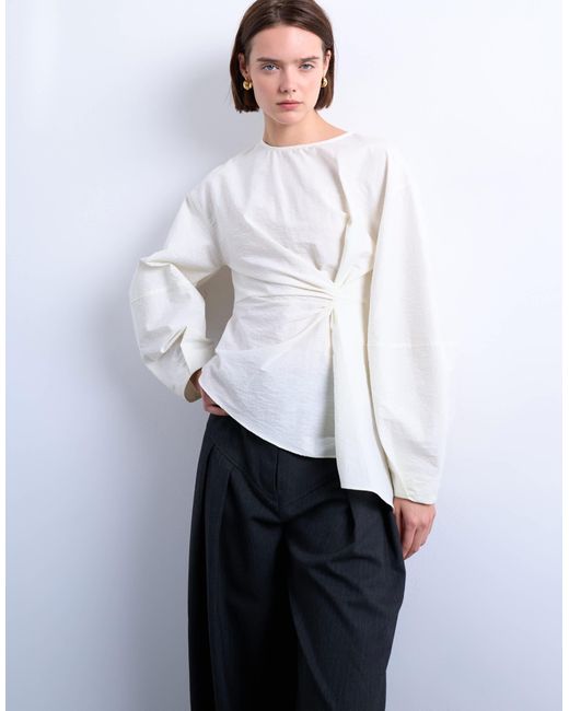 TOPSHOP White Long Sleeve Pleat Front Top