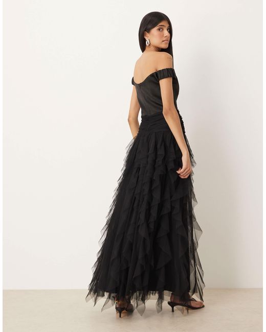 LACE & BEADS Black Bardot Drop Hem Ruffle Maxi Dress