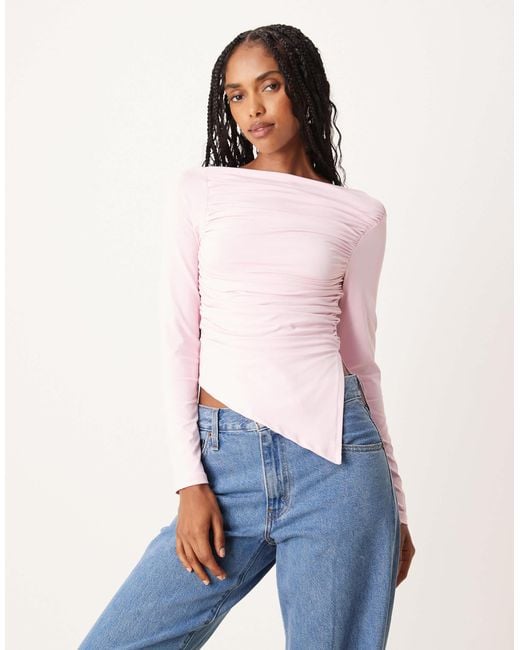 ASOS White Ruched Side Asymmetric Hem Long Sleeve Top