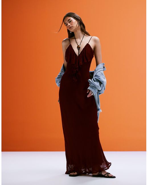 Mango Orange Ruffle Front Maxi Dress