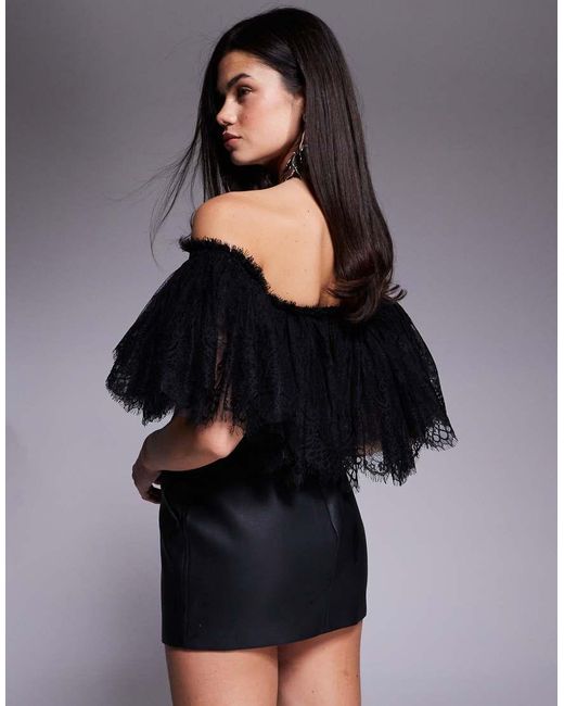 The Dolls House Black Kelsey Leather Look Lace Overlay Off The Shoulder Mini Dress