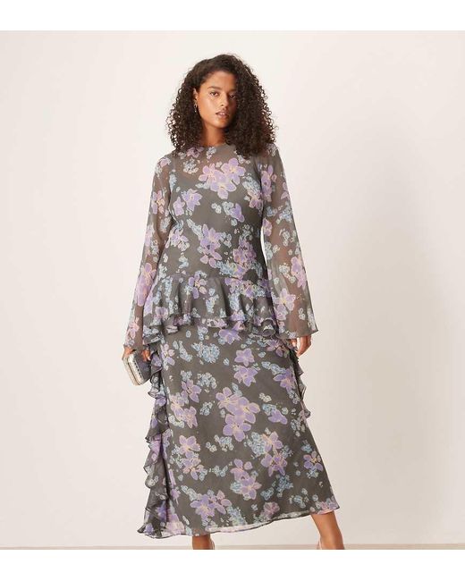 ASOS Gray Asos Design Curve Long Sleeve Frill Hem Chiffon Maxi Dress