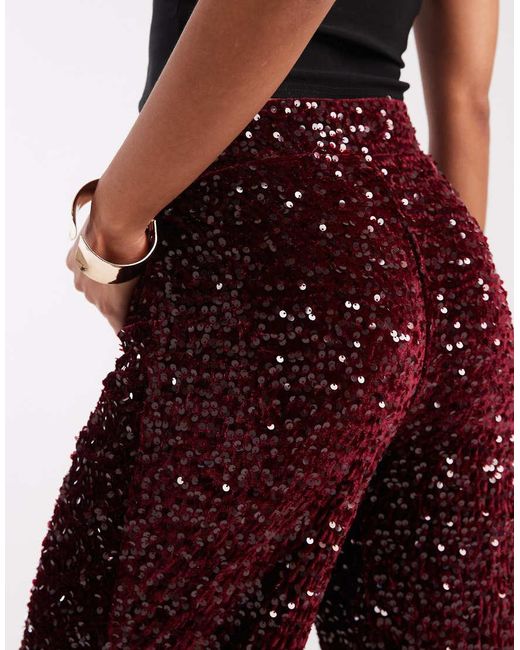 Pieces Red Wide Leg Velour Sequin Trousers