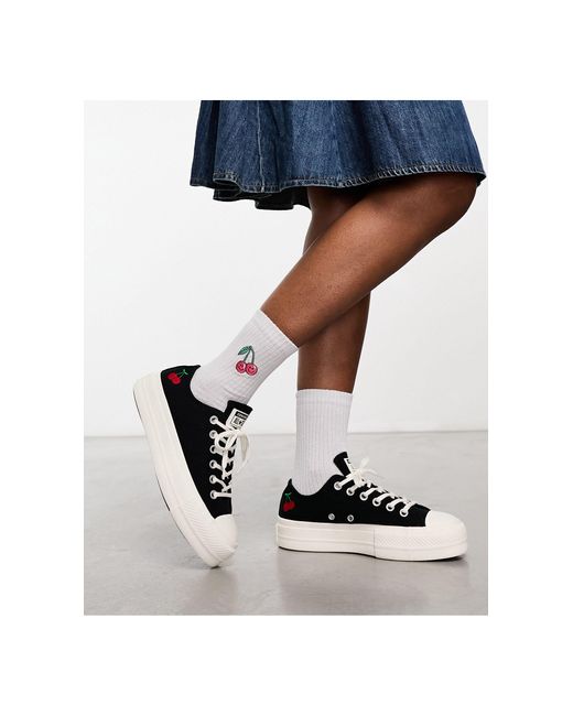 Converse Black Chuck Taylor All Star Lift Ox Platform Sneakers With Cherry Embroidery