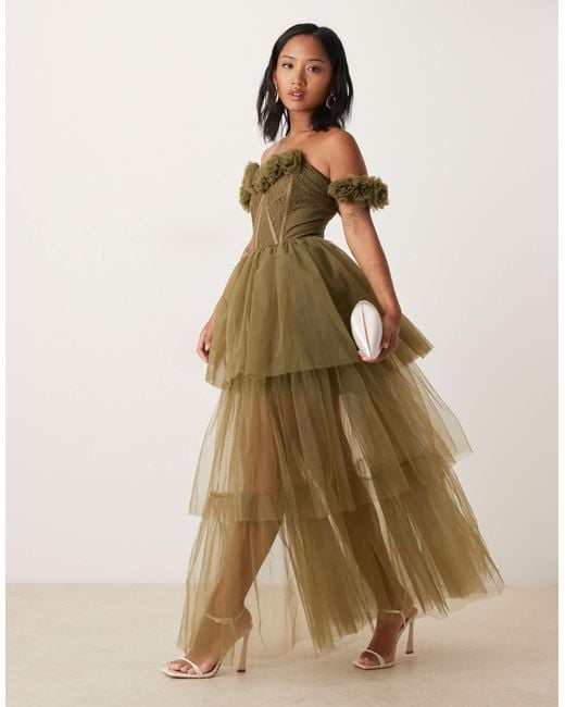 green rosette dress Minna Gown Rosette One-Shoulder Shimmer Chiffon Dress main image 1