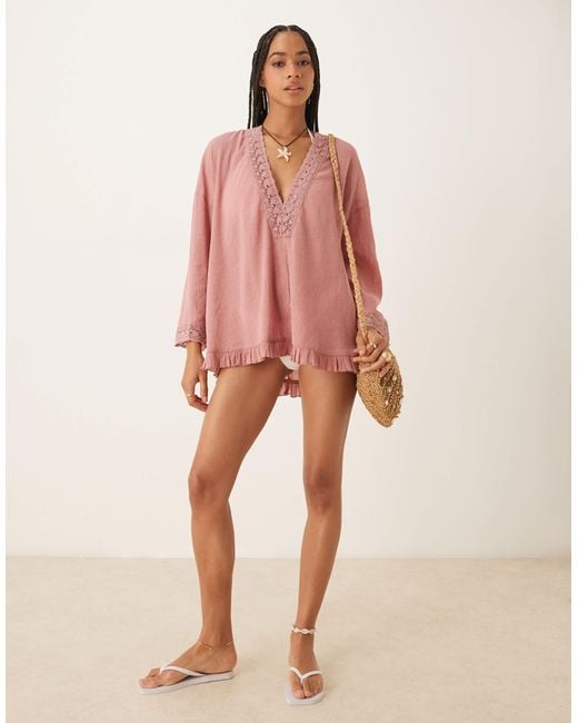 ASOS Pink Crinkle Plunge Eyelet Beach Dress