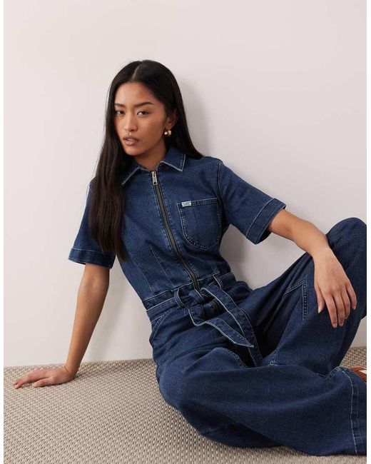 Lee Jeans Blue Wide Leg Short Sve Jumpsuit