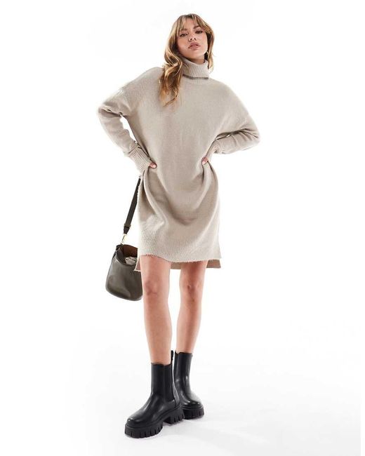 Brave Soul Natural Knitted Roll Neck Mini Jumper Dress