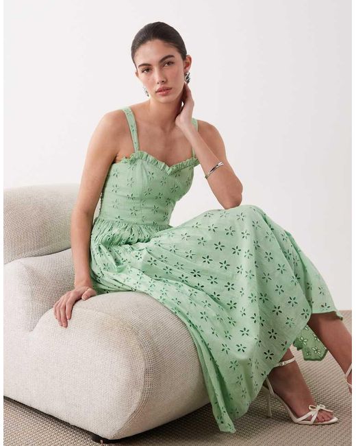 LACE & BEADS Green Broderie Cotton Corset Midaxi Dress
