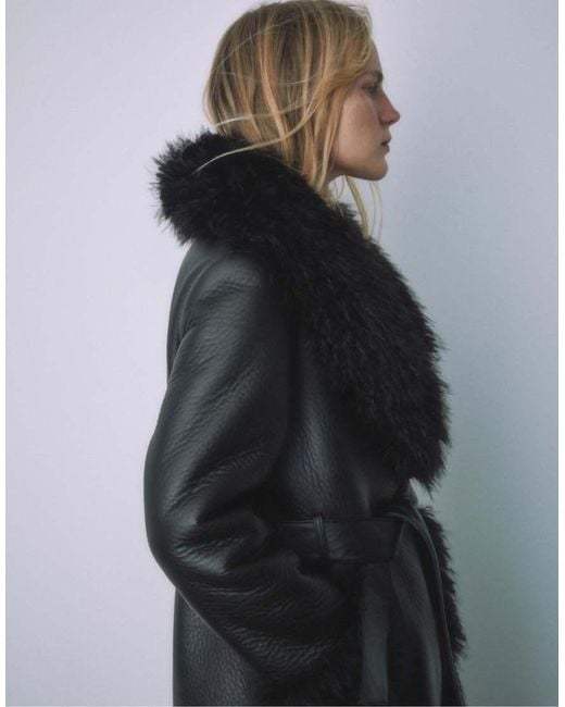 Stradivarius Black Long Coat With Faux Fur Detail
