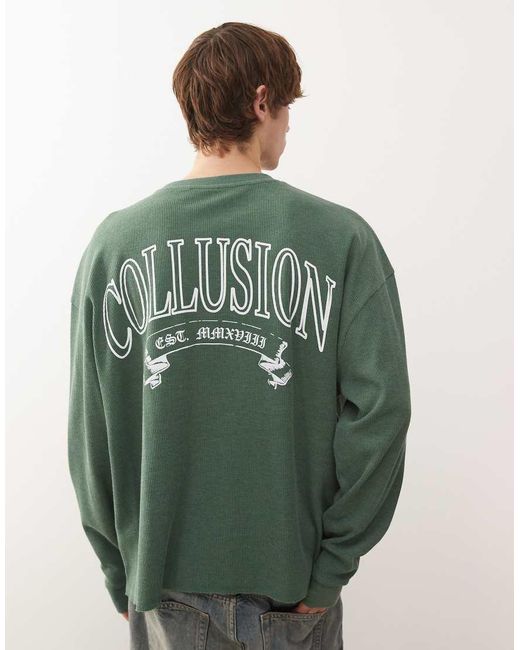 Collusion T-Shirt Met Lange Mouwen, Wafeltextuur En Print in het Green voor heren
