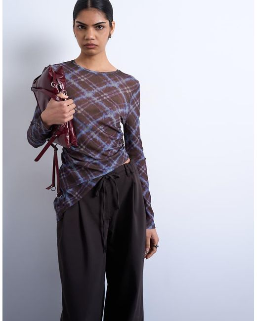 TOPSHOP Geruite Asymmetrische Top Met Lange Mouwen in het Multicolor