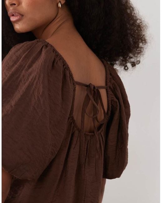 New Look Brown Crinkle Square Neck Blouse With Puff Sleeve
