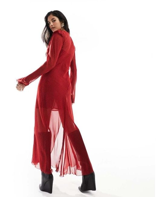 Mango Red V Neck Spot Print Midi Dress