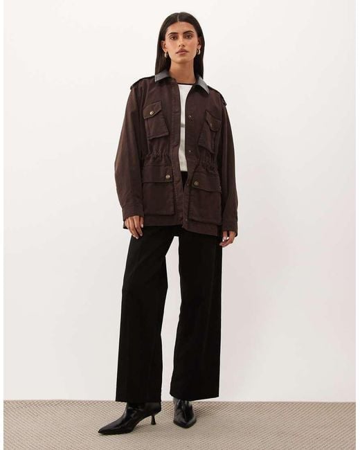 GOOD AMERICAN Brown Faux Leather Collar Field Jacket