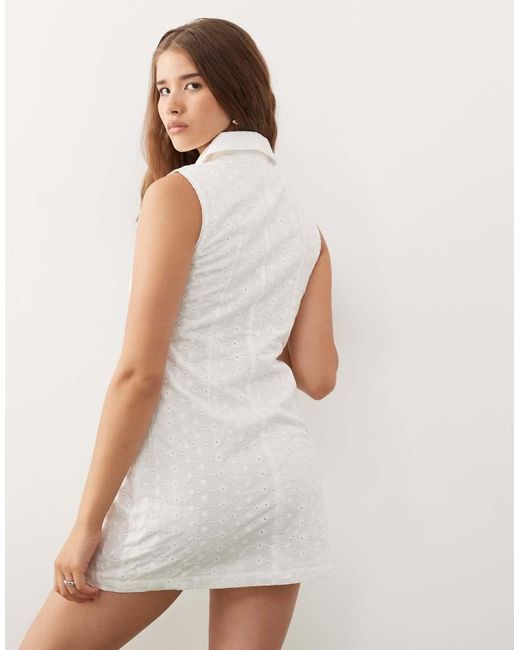 Noisy May White Tie Front Broderie Polo Mini Dress