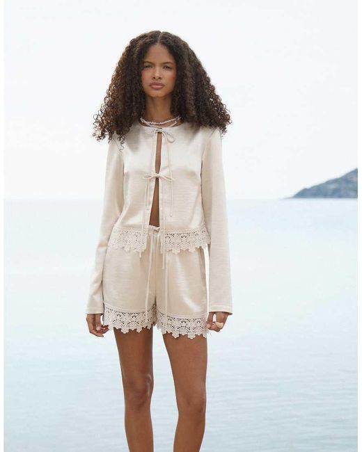 4th & Reckless Natural Satin Tie Front Crochet Trim Beach Top Co-ord