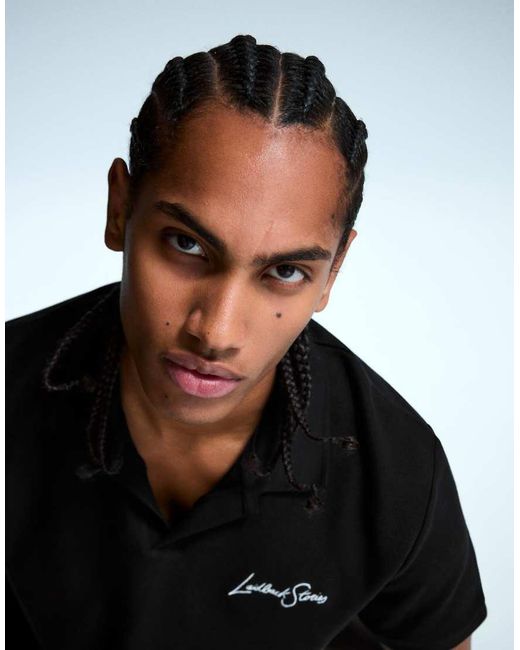 Bershka Black Embroidered Structured Short Sleeve Polo Shirt for men