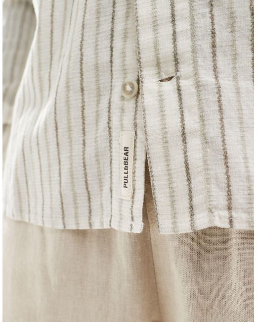 Pull&Bear White Rustic Linen Stripe Grandad Neck Shirt for men