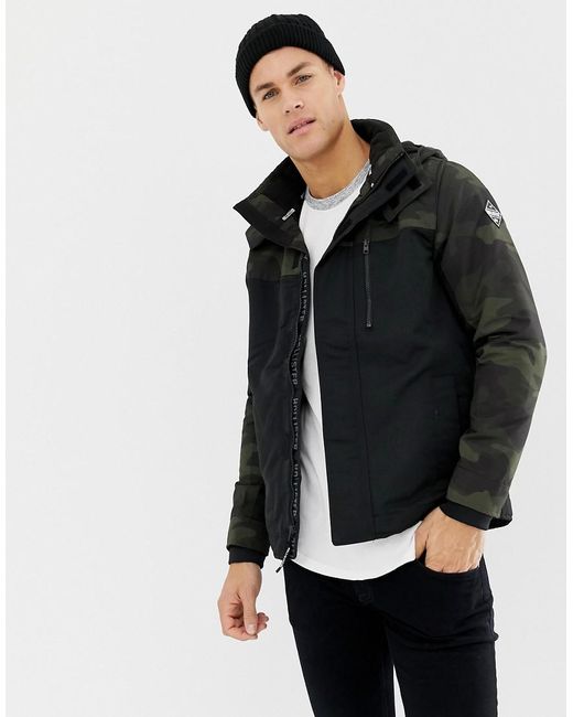 Hollister Fleece Lined Hooded Colour Block Jacket In Black/camo for men