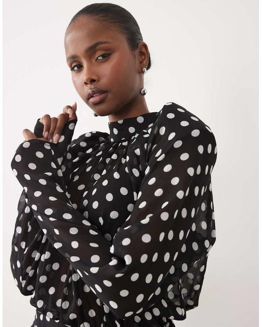 Noughts & Kisses Black High Neck Shoulder Pads Blouson Chiffon Mini Dress