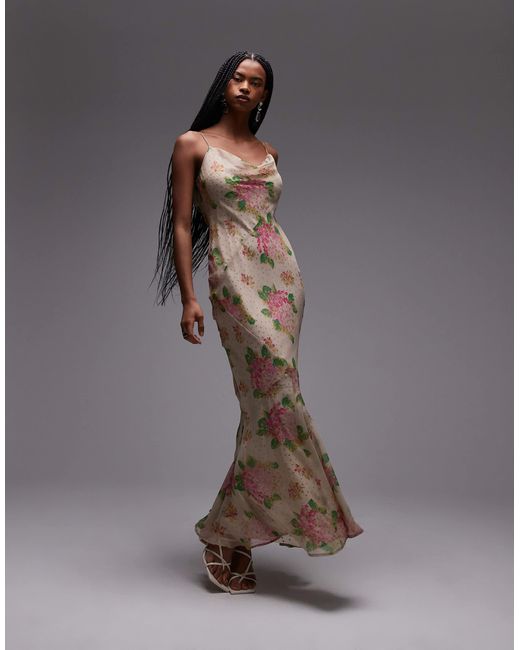 TOPSHOP Brown – maxikleid aus bedrucktem doppellagigem satin und chiffon